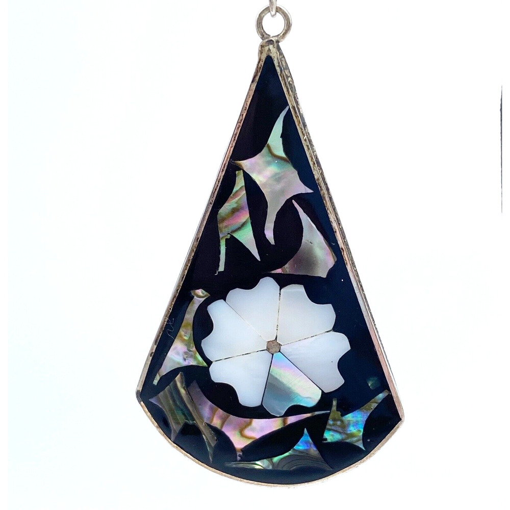 Vintage Alpaca Mexico Silver Abalone Mother of Pearl Large Dangle Earrings 3" - Picture 2 of 7